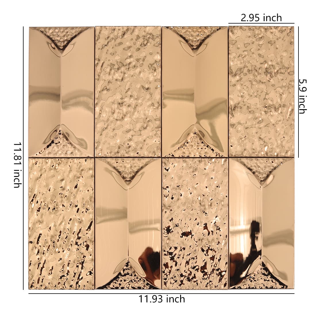 Rose gold rectangular 3D metal mosaic tile sheet with size details