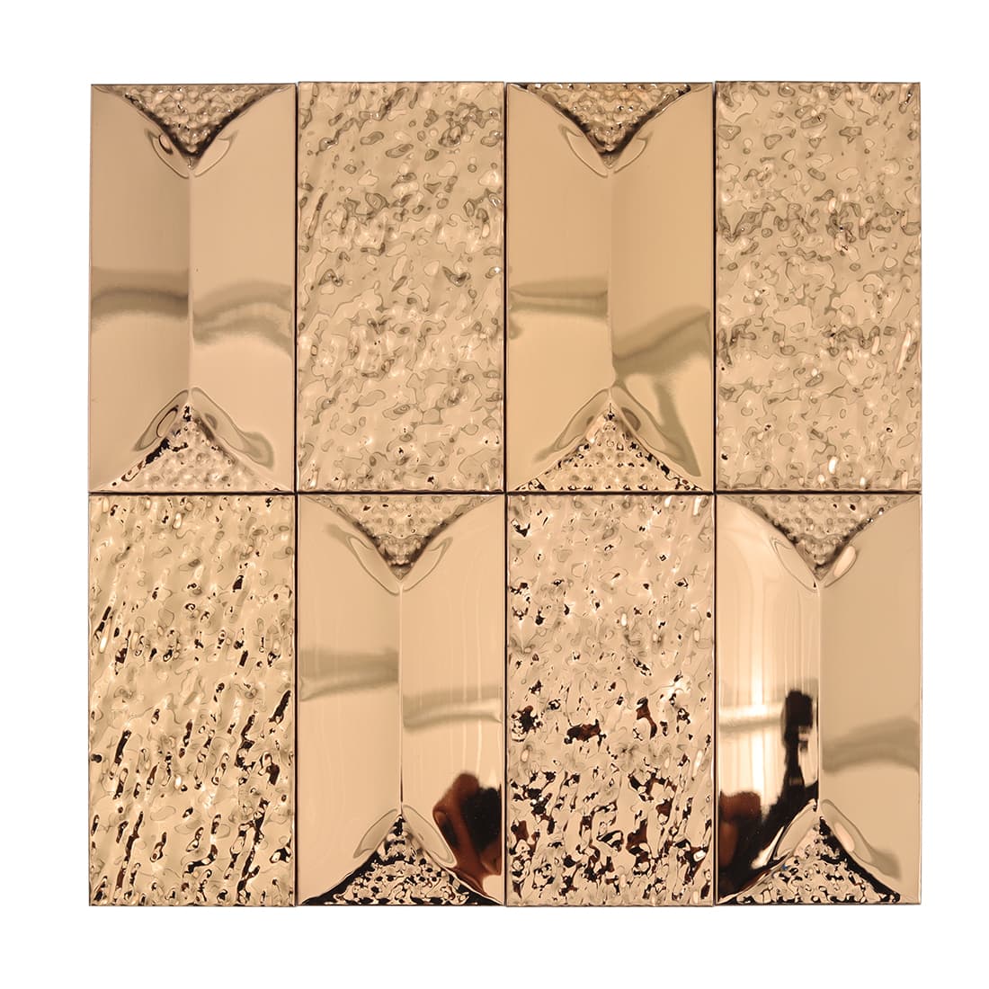 Rose gold rectangular 3D metal mosaic tile with hammered and mirror finish