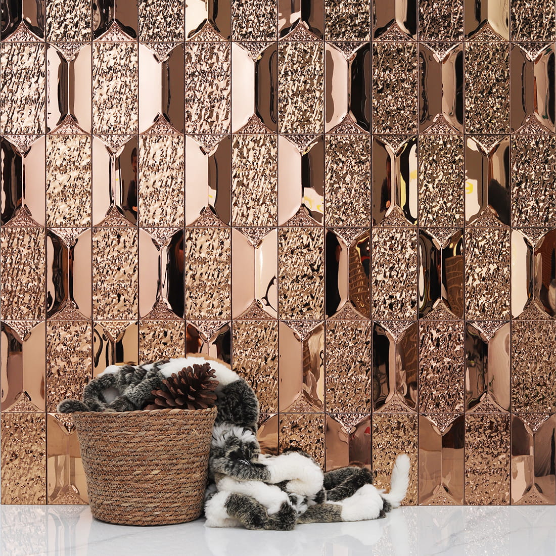 Rose gold rectangular metal mosaic feature wall with reflective finish