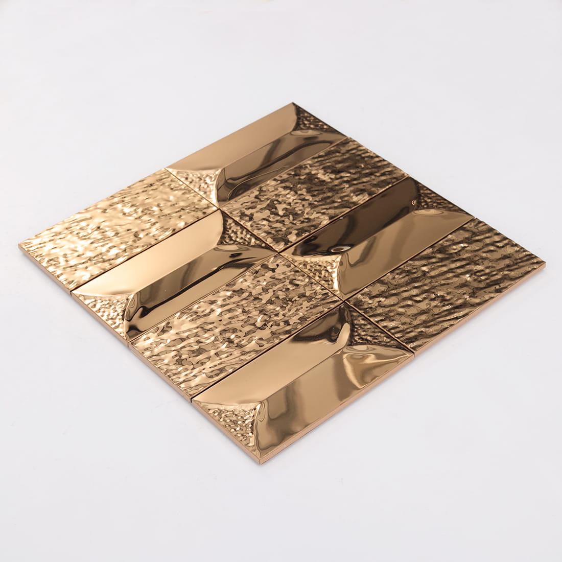 Rose gold rectangular 3D metal mosaic sheet with luxury textured finish