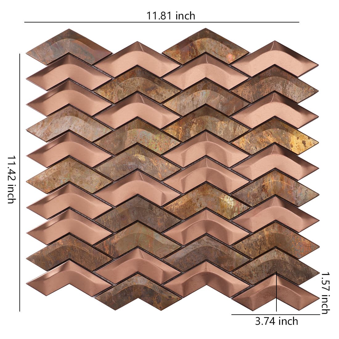 Rose gold and rust chevron metal mosaic tile sheet with size details