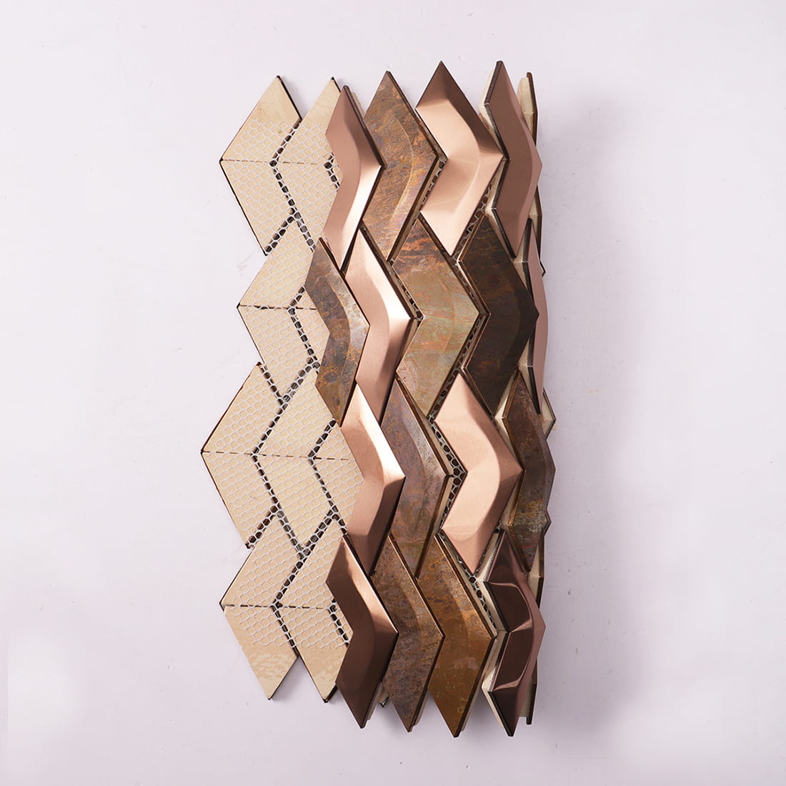 Rose gold and rust chevron metal mosaic tile with mesh backing view