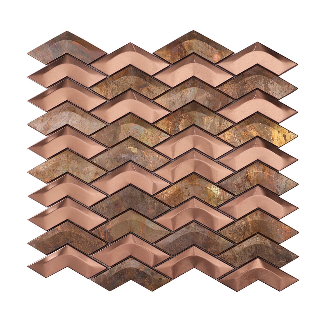 Full sheet of rose gold and rust chevron metal mosaic tile