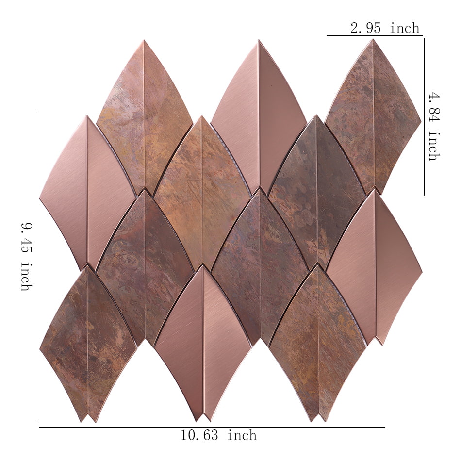Rose gold and rustic copper curved diamond metal mosaic tile with dimensions