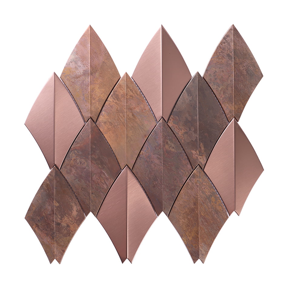 Full sheet of rose gold and rustic copper curved diamond metal mosaic tile