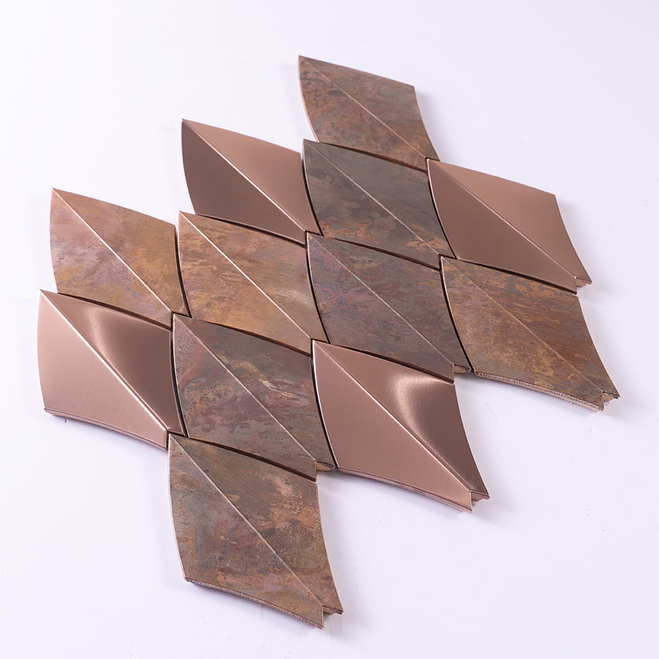 Single sheet display of rose gold and rustic copper curved diamond metal mosaic