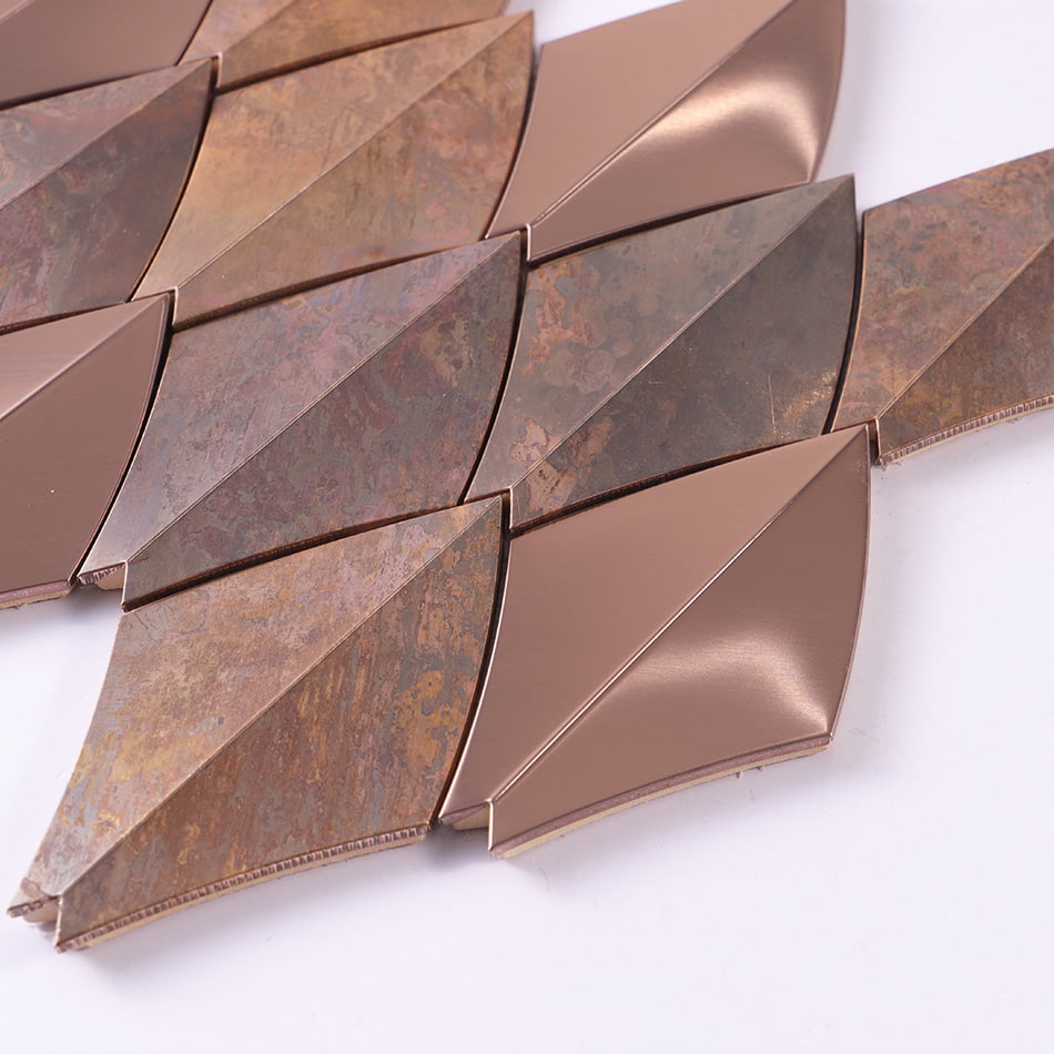 Thickness view of rose gold and rustic copper curved diamond metal mosaic tile