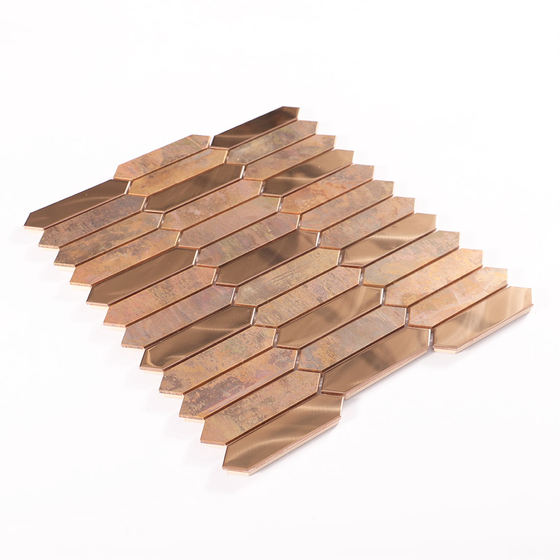 Angled sheet view of rose gold and rustic copper elongated hexagon metal mosaic