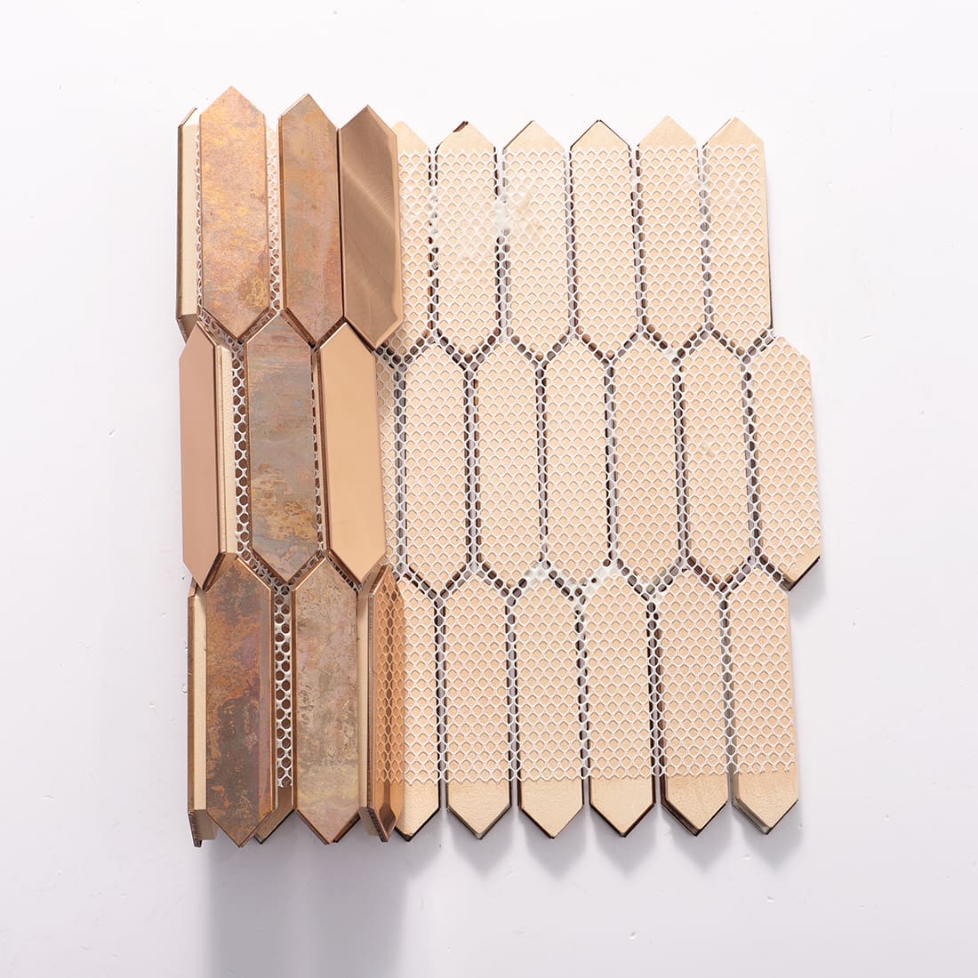 Back mesh view of rose gold and rustic copper elongated hexagon metal mosaic tile