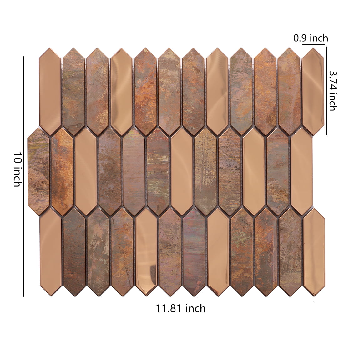 Rose gold and rustic copper elongated hexagon metal mosaic tile with dimensions