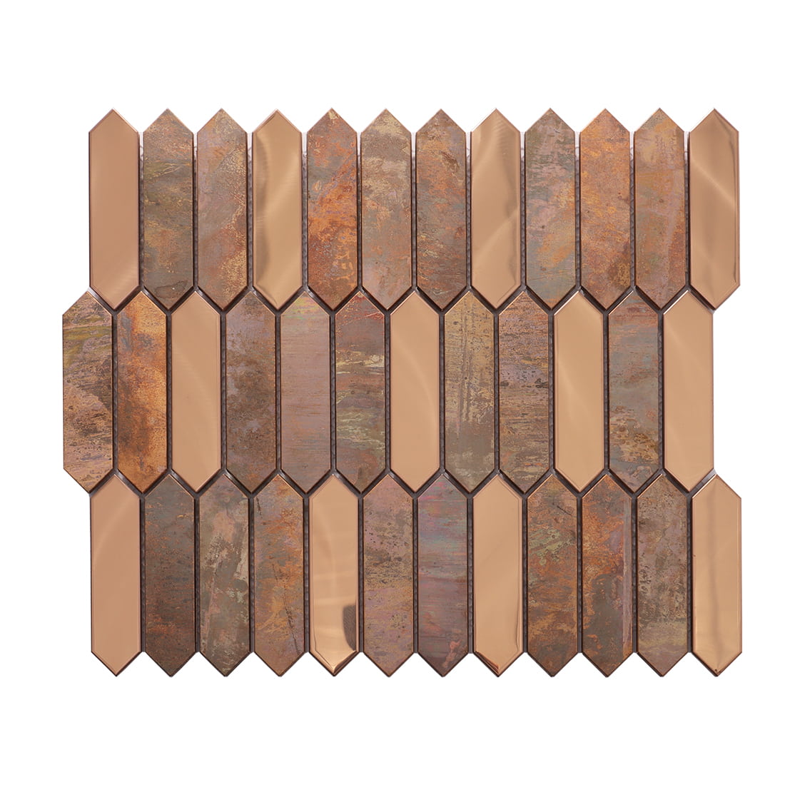 Full sheet of rose gold and rustic copper elongated hexagon metal mosaic tile