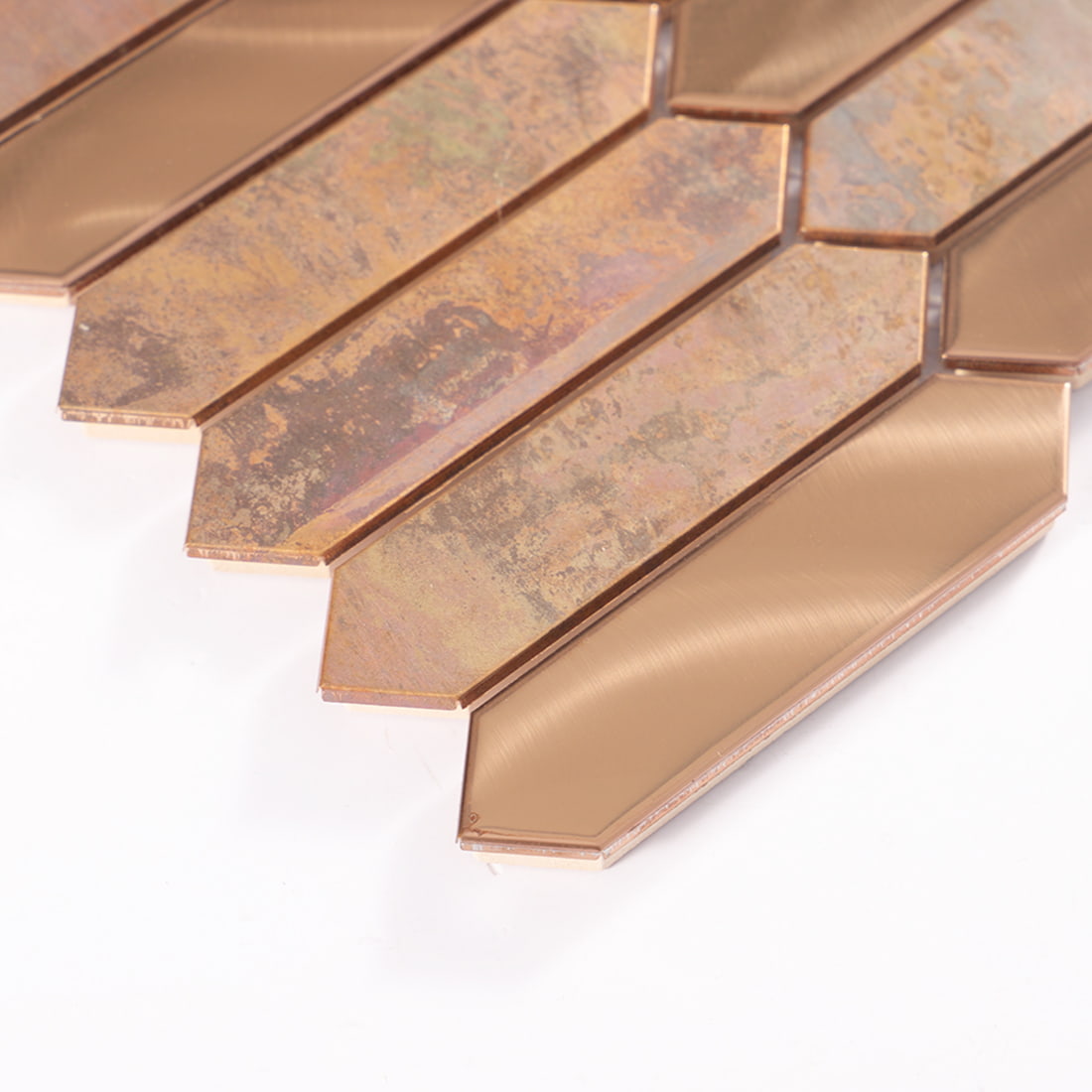 Thickness view of rose gold and rustic copper elongated hexagon metal mosaic tile