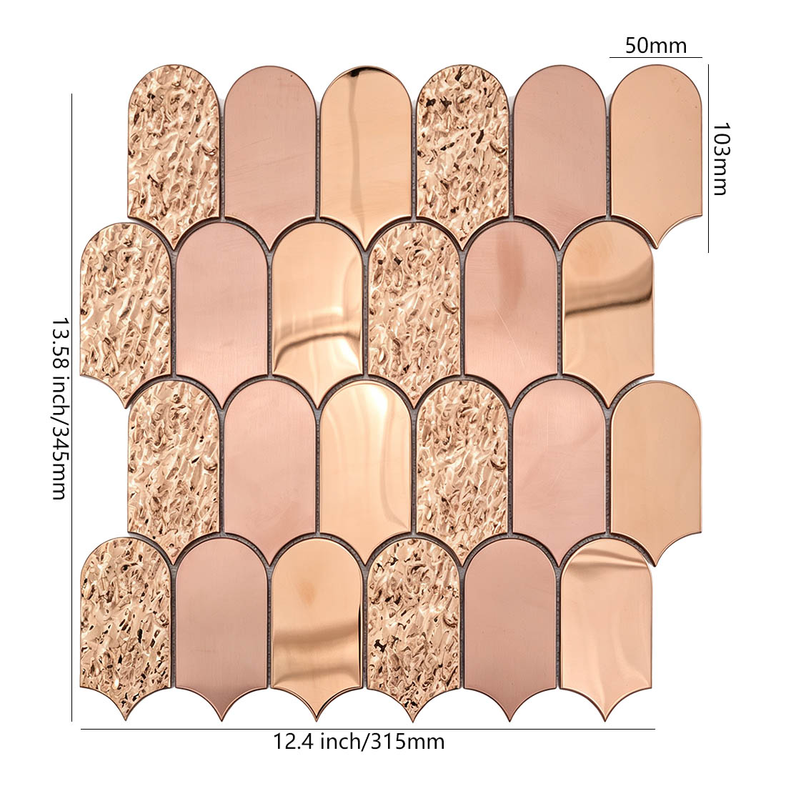 Rose gold scallop metal wall mosaic tile sheet dimensions