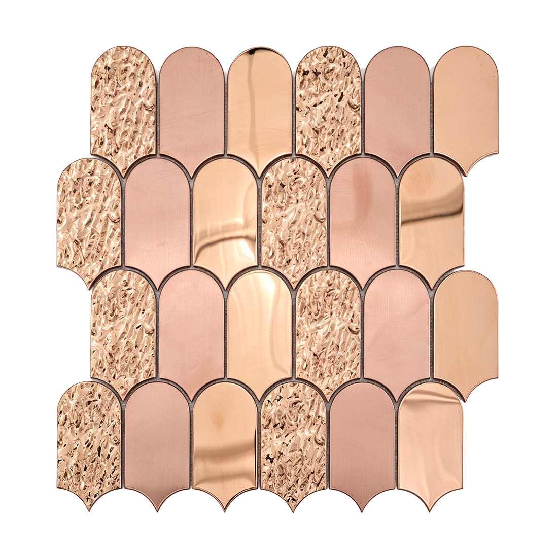 Full sheet front view of rose gold scallop stainless steel wall mosaic tile