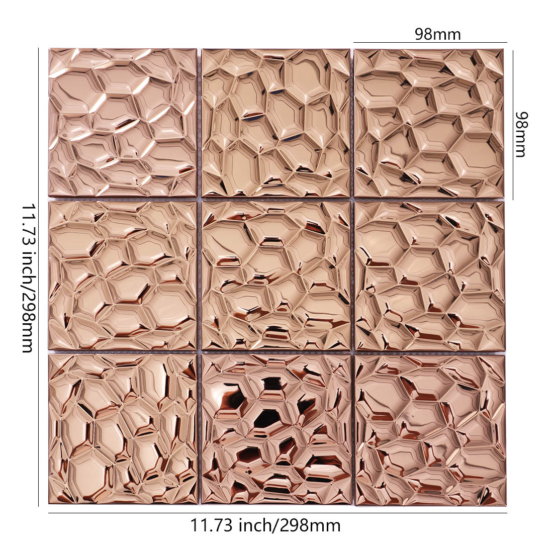 Dimensions of rose gold 3D square metallic mosaic tile 11.73x11.73 in