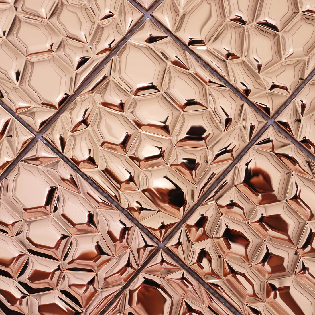 Surface texture detail of rose gold square 3D metallic mosaic