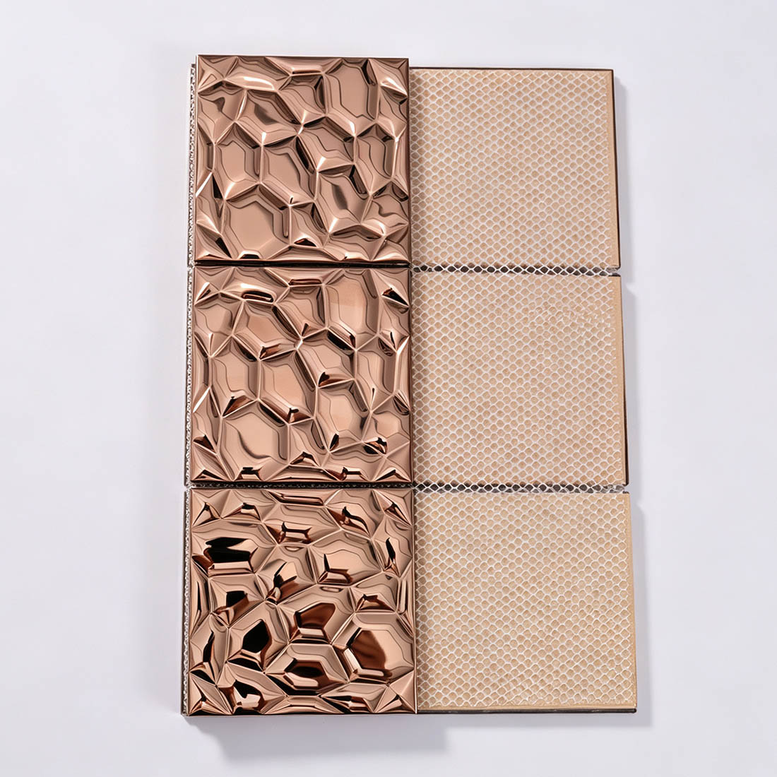 Rose gold square metallic mosaic tile sheet with mesh backing