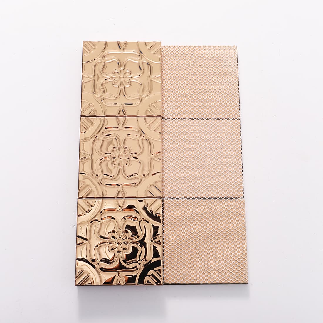 Front and mesh back view of rose gold stainless steel embossed floral tiles