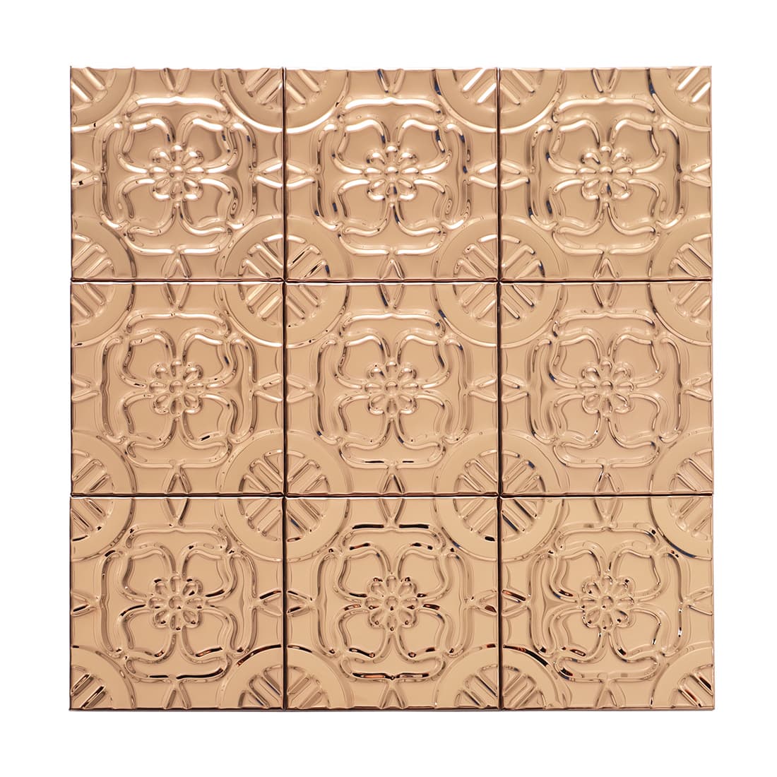 Full sheet of rose gold stainless steel embossed floral square mosaic tiles
