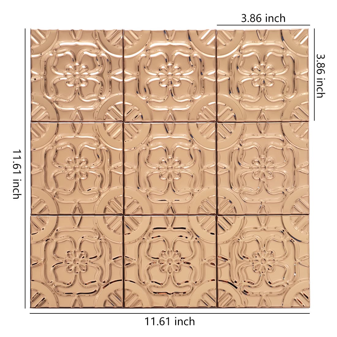 Rose gold stainless steel embossed floral square tile sheet with size details