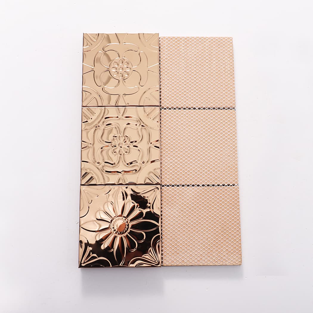 Front and mesh back view of rose gold stainless steel embossed mosaic tiles