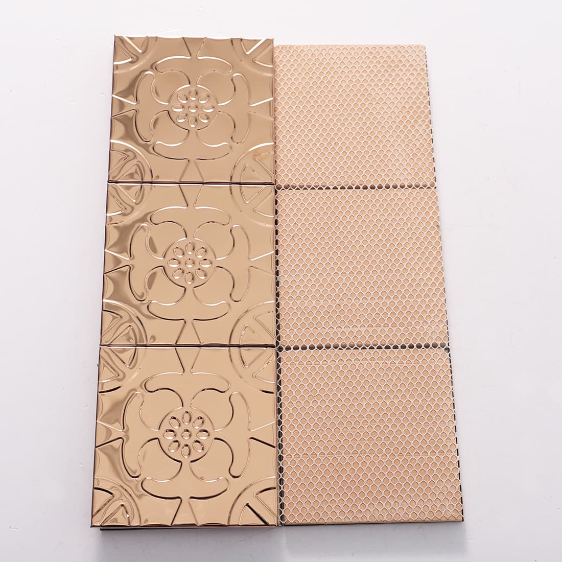 Front and mesh back view of rose gold stainless steel floral embossed tiles