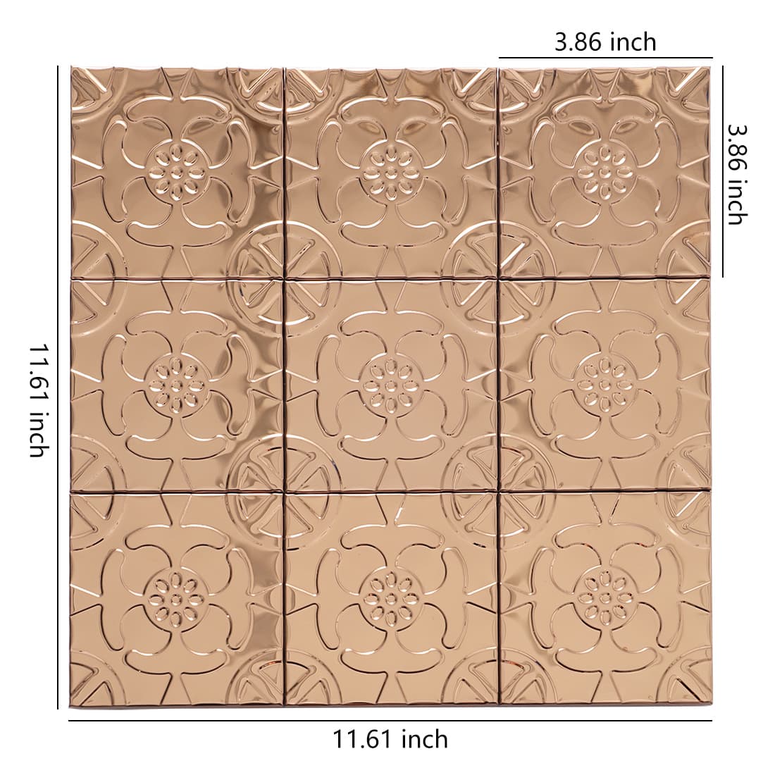 Rose gold stainless steel floral embossed square tile sheet with size details