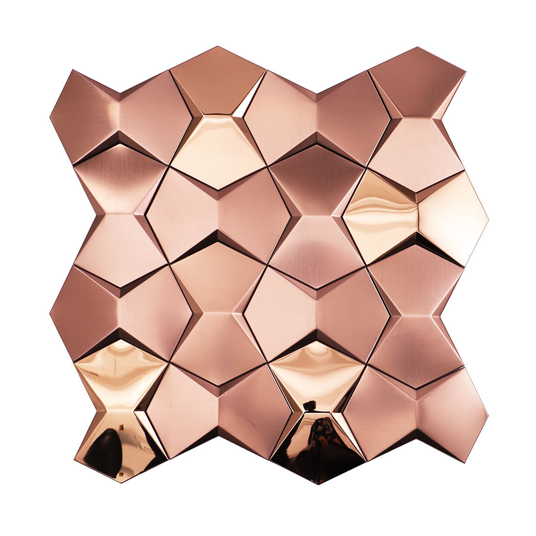 Front view of rose gold star metal mosaic tile with brushed and mirror finishes