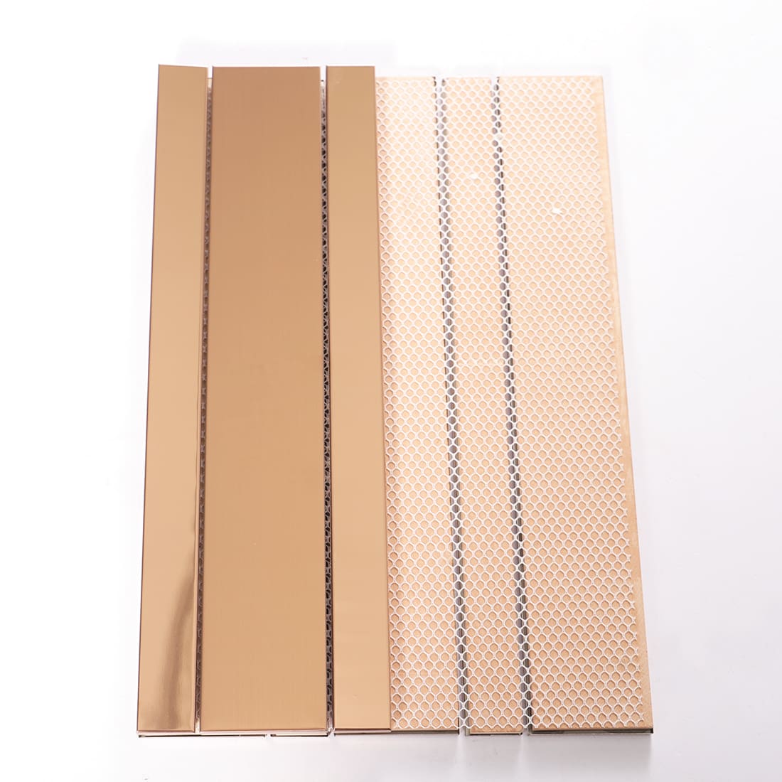 Back view of rose gold strip metal mosaic tile sheet