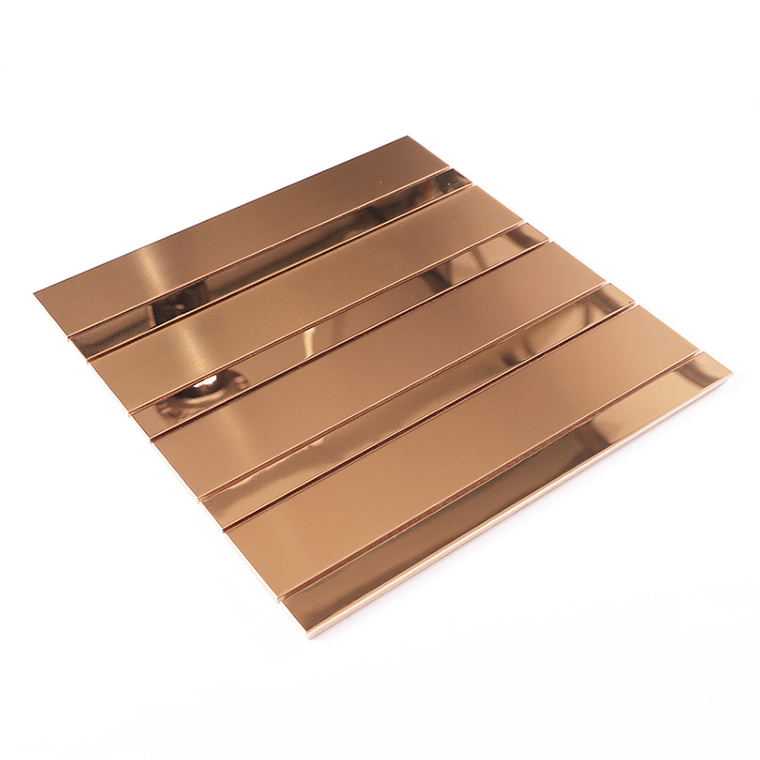Perspective view of rose gold strip metal mosaic tile sheet