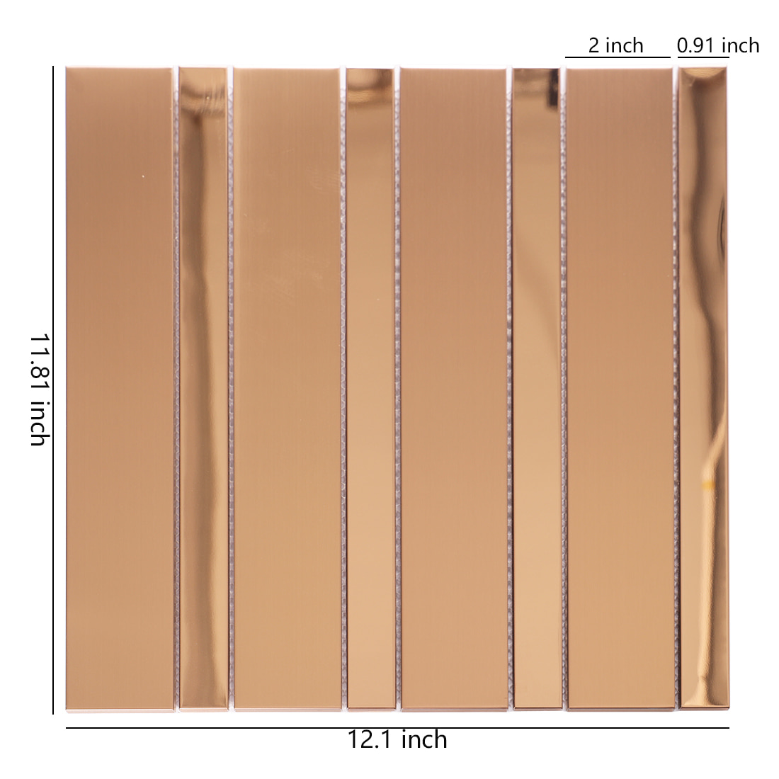 Rose gold strip metal mosaic tile sheet with size details
