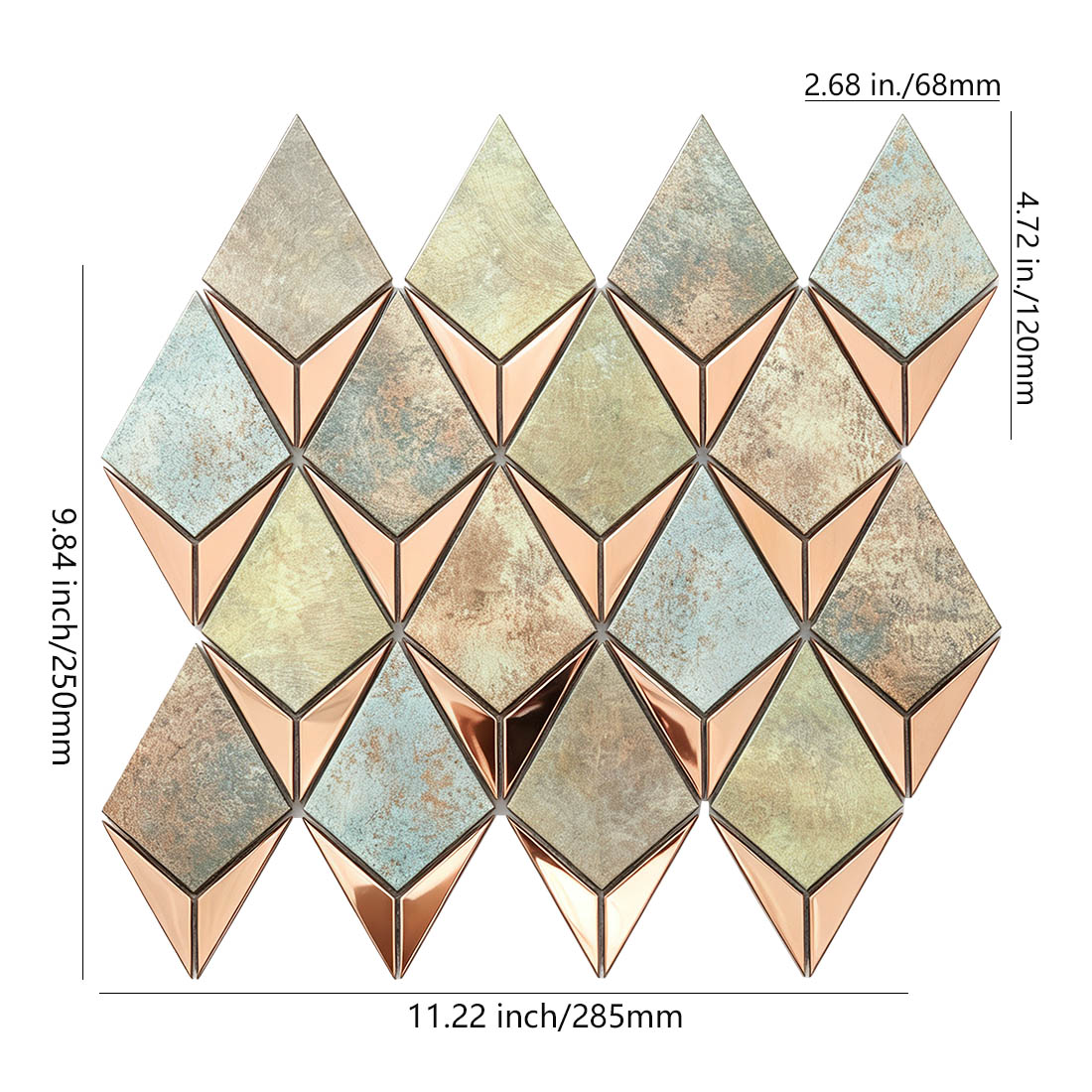 Rose gold teal kite-shaped aluminum mosaic tile with sheet and chip dimensions
