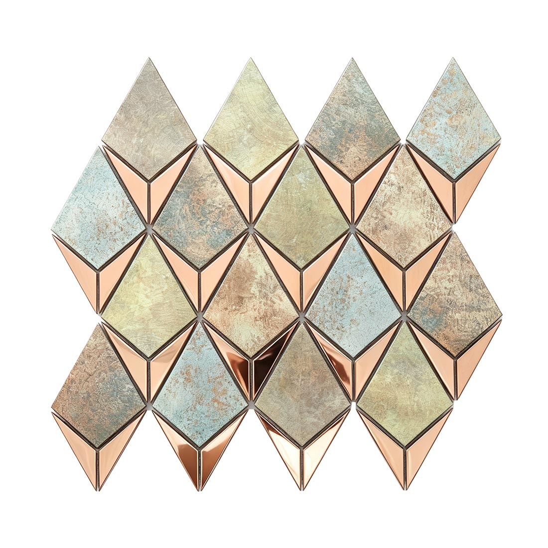 Rose gold and teal aluminum mosaic tile sheet with a faceted kite pattern