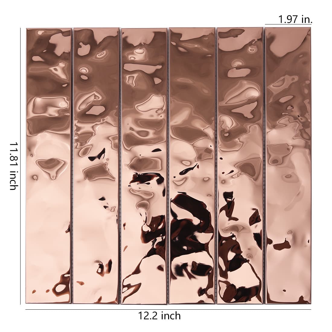 Front view of rose gold linear water ripple tile with size markings.