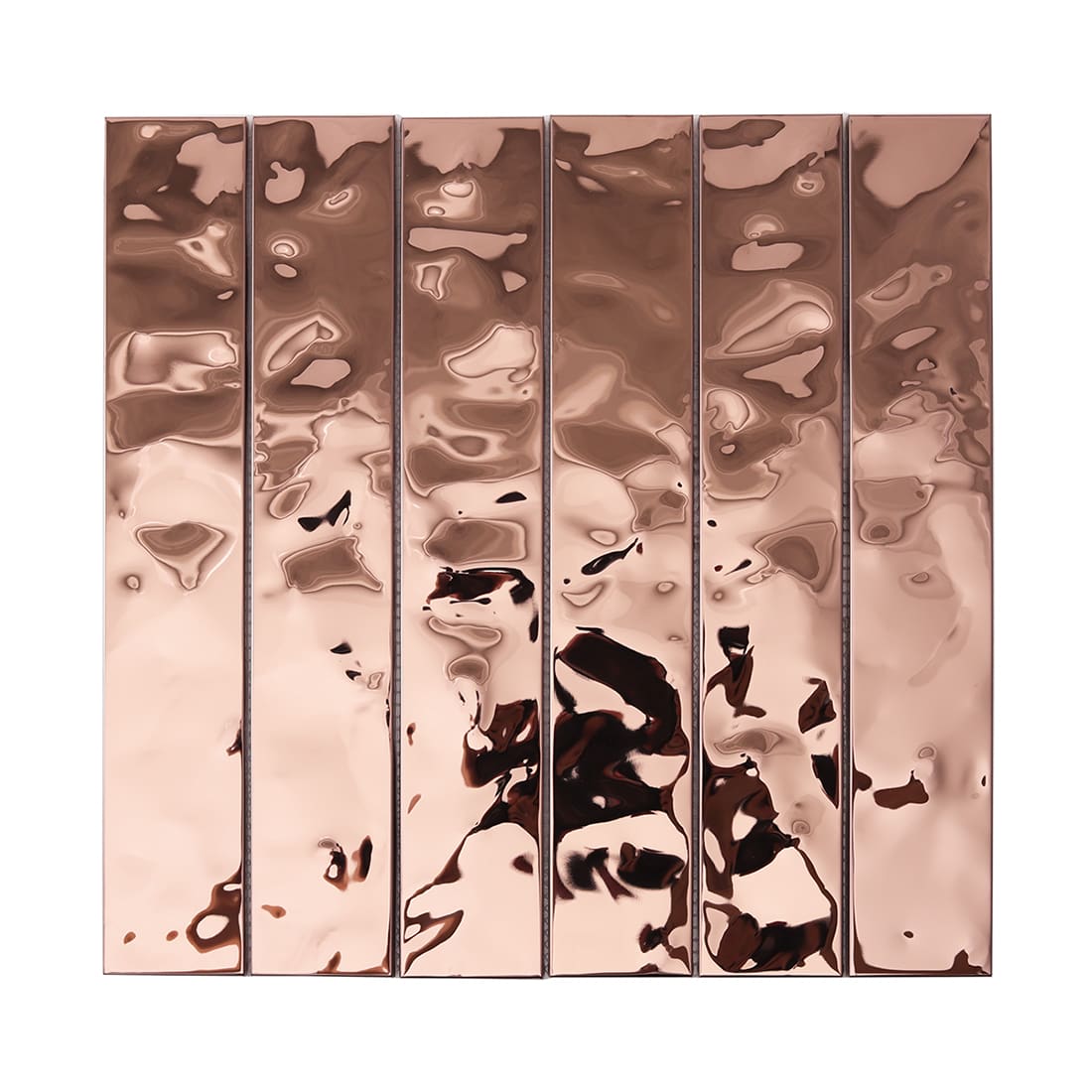Square sheet of long strip rose gold water ripple mosaic tiles.