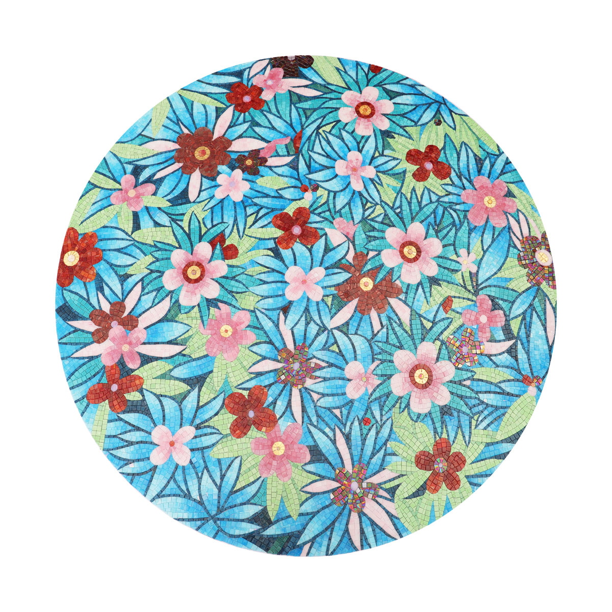 Round floral mosaic pattern in blue, pink, and green tiles