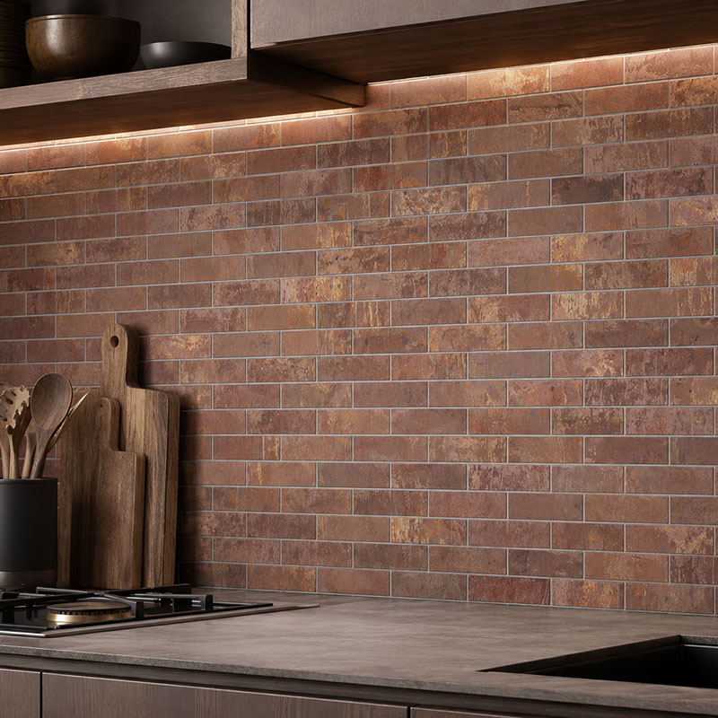 Rust copper kitchen wall tiles with warm cabinet lighting