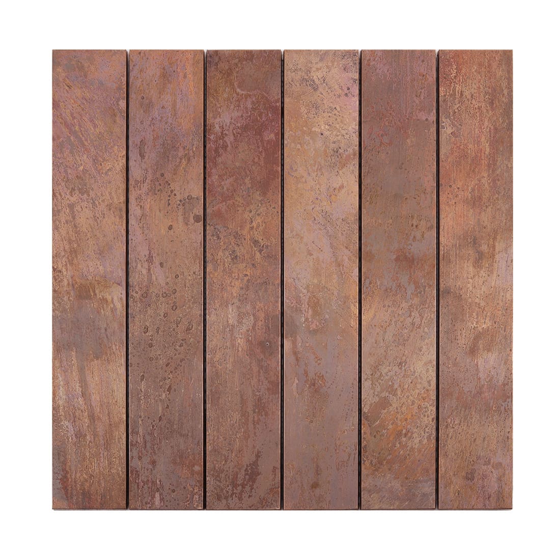 Rustic copper long rectangular metal wall tile with aged oxidized texture