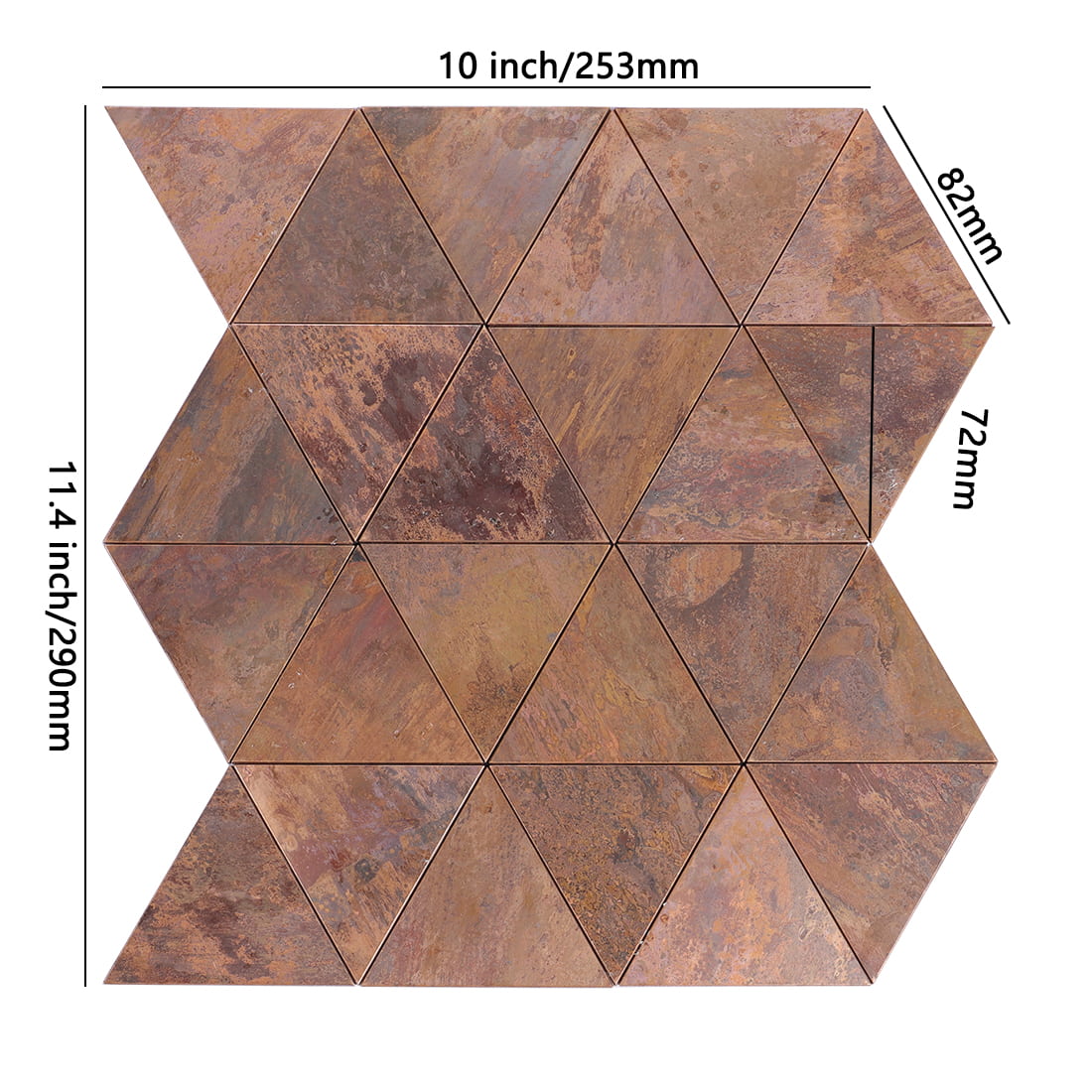 Rustic copper triangle metal mosaic tile sheet with size annotations.