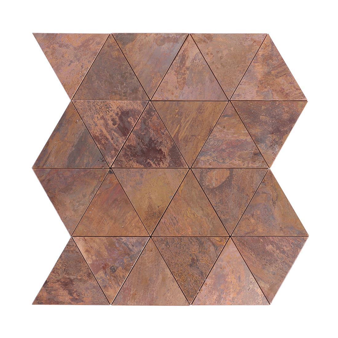 Full sheet of rustic copper triangle metal mosaic tile on white.