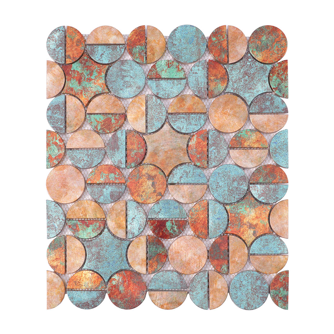 Rustic copper and verdigris round geometric aluminum mosaic tile sheet front view