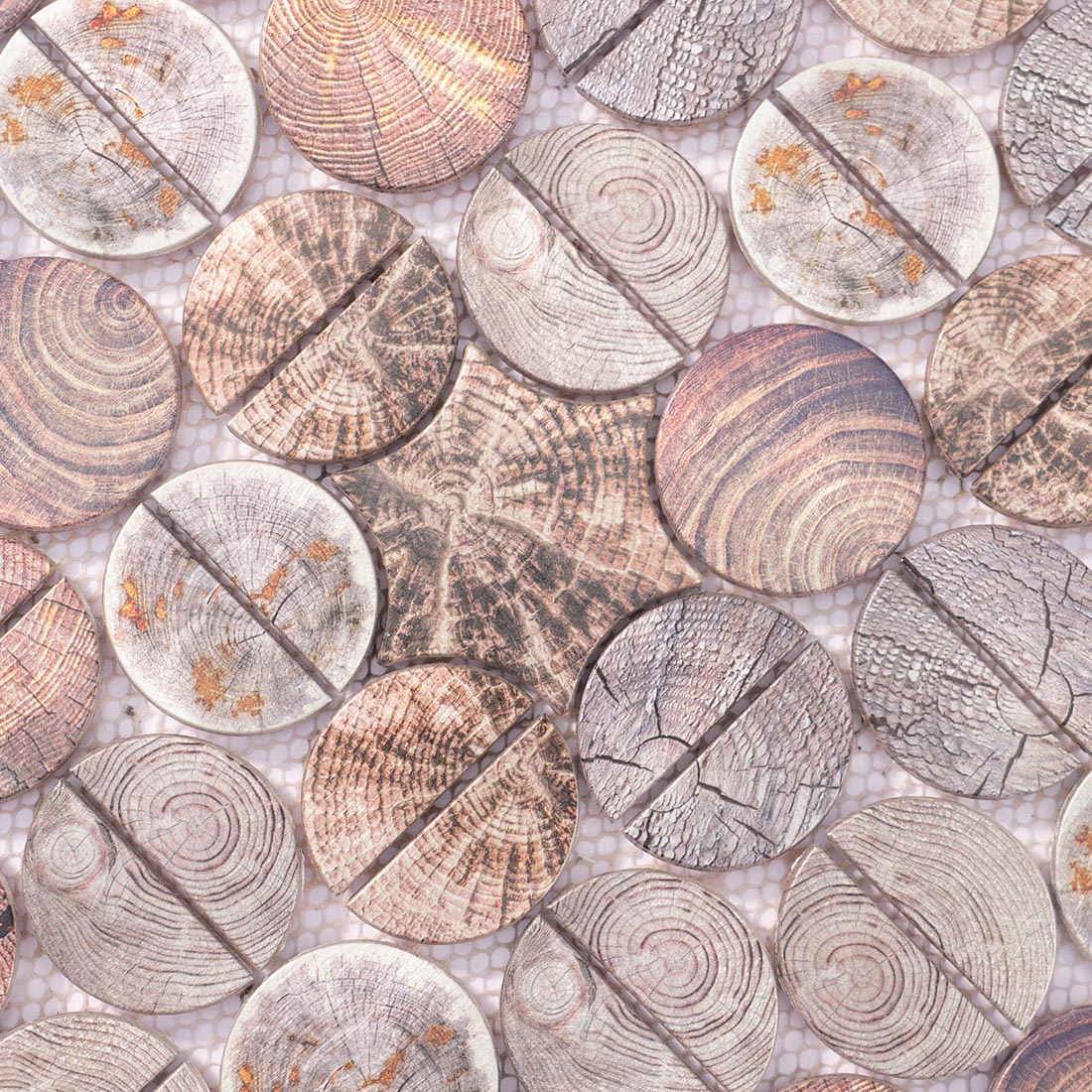 High angle surface texture shot of rustic wood grain aluminum mosaic tiles