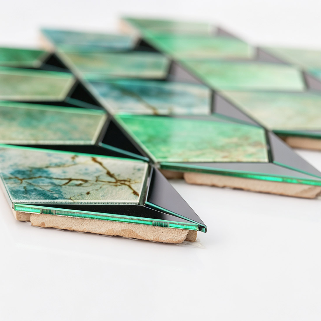 Side view of seafoam green kite metal mosaic showing its layered tile base