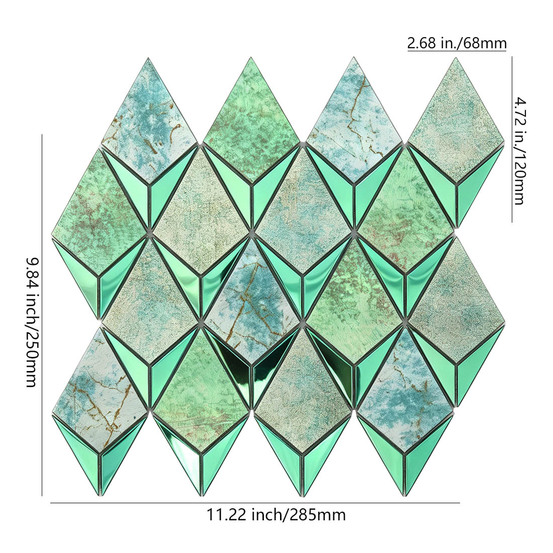 Seafoam green marble effect kite metal mosaic with sheet and chip dimensions
