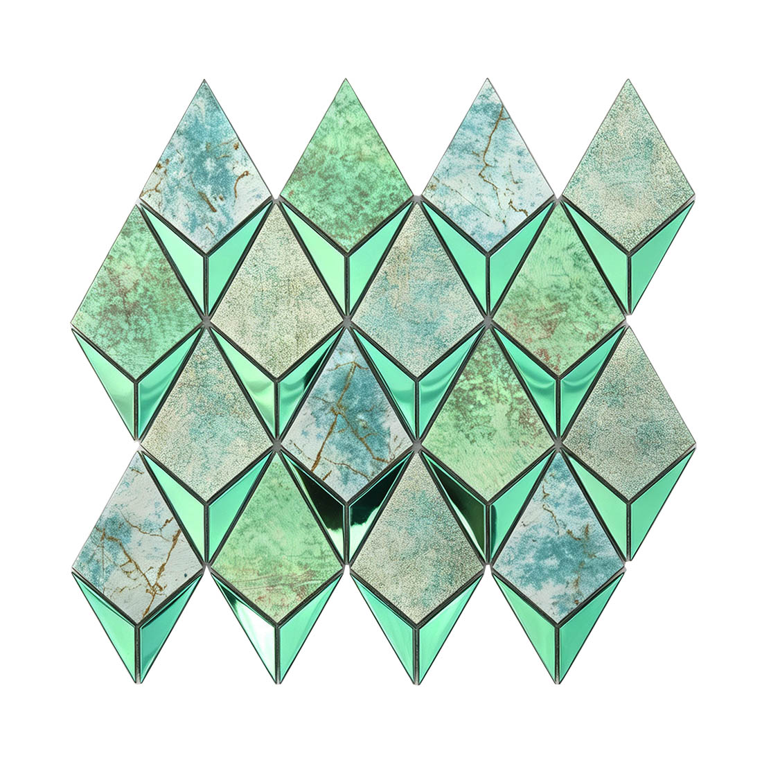 Seafoam green aluminum and stainless steel mosaic with a marble effect kite pattern