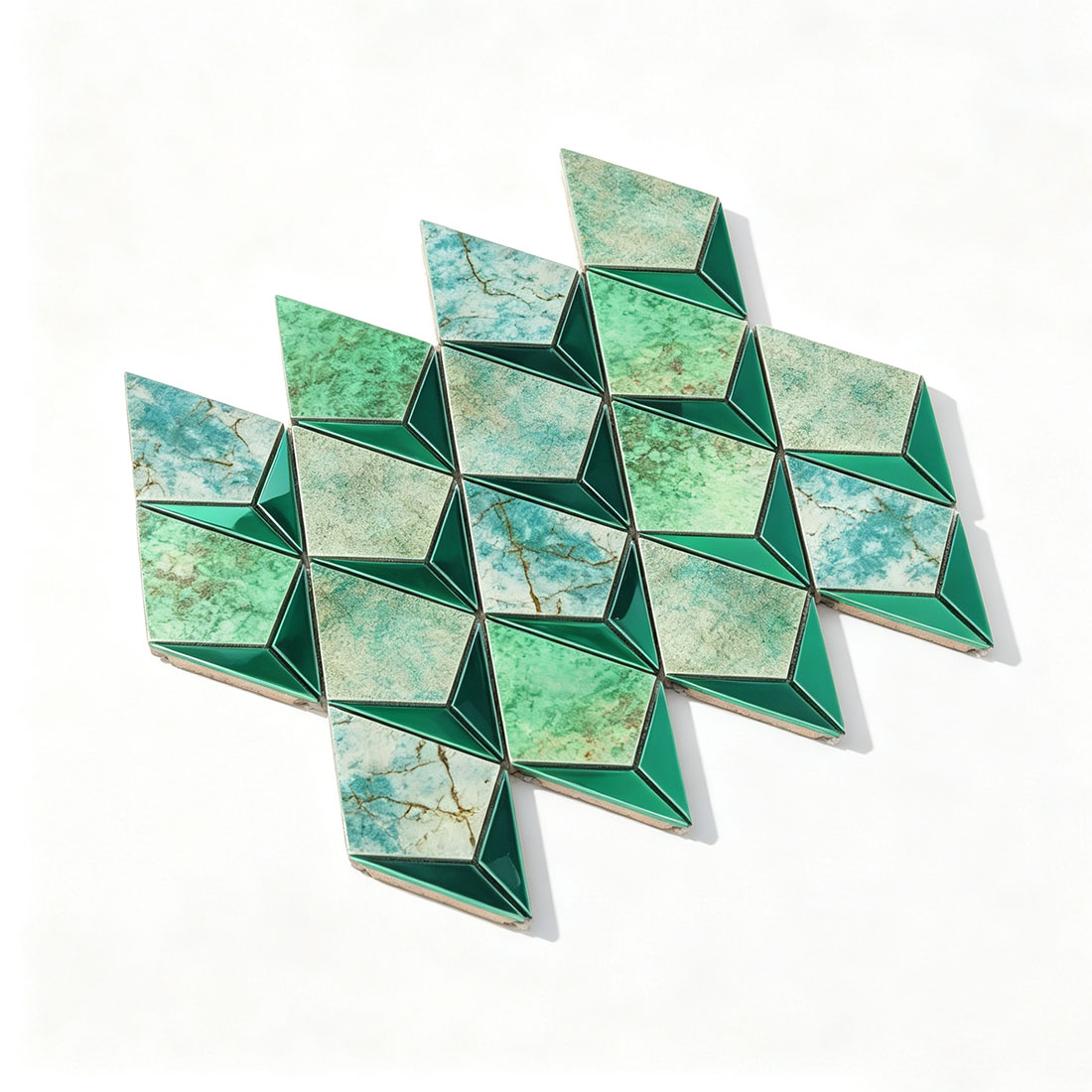 Seafoam green marble effect kite metal mosaic tile displayed in natural light