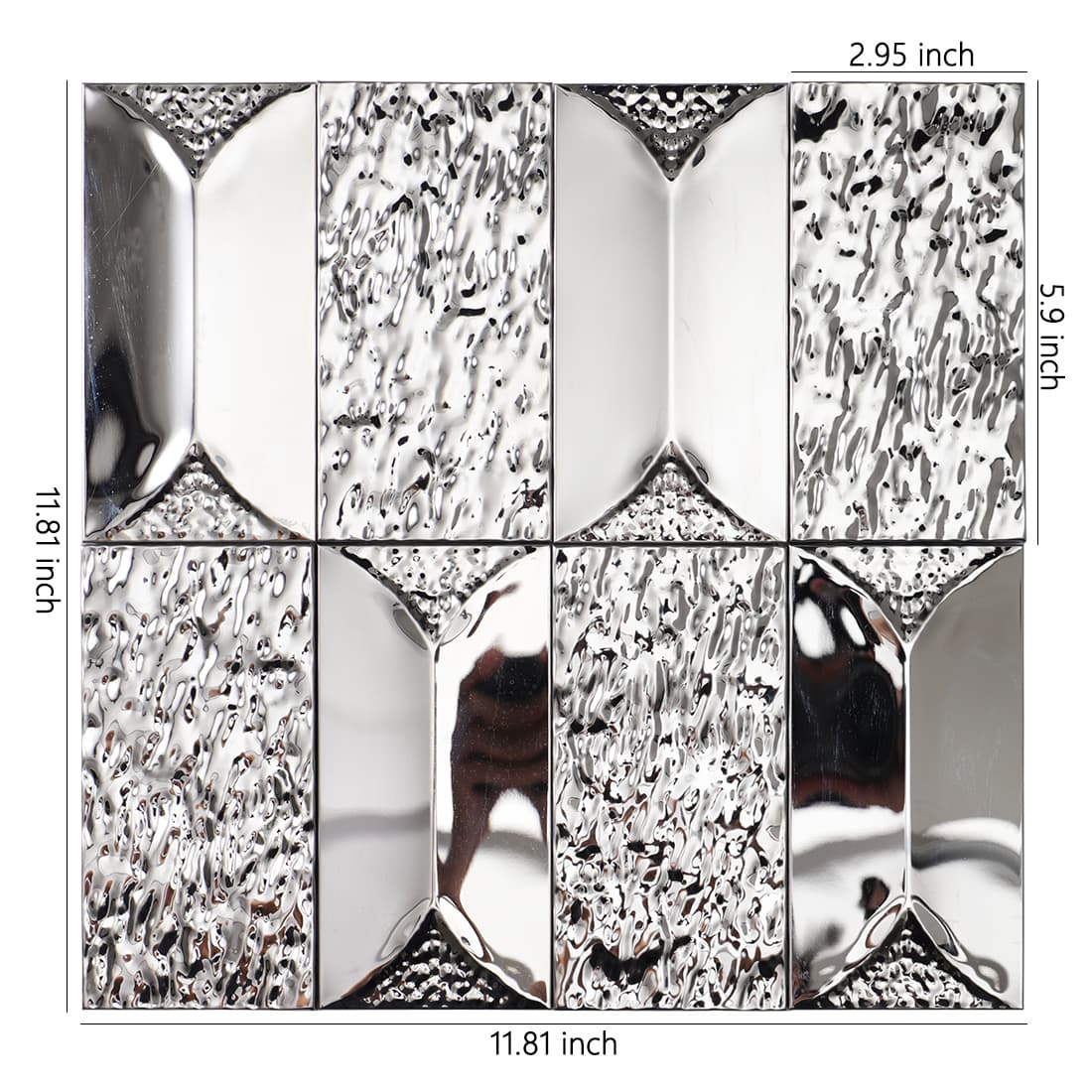 Front view of silver 3D beveled mosaic tile with dimensions.