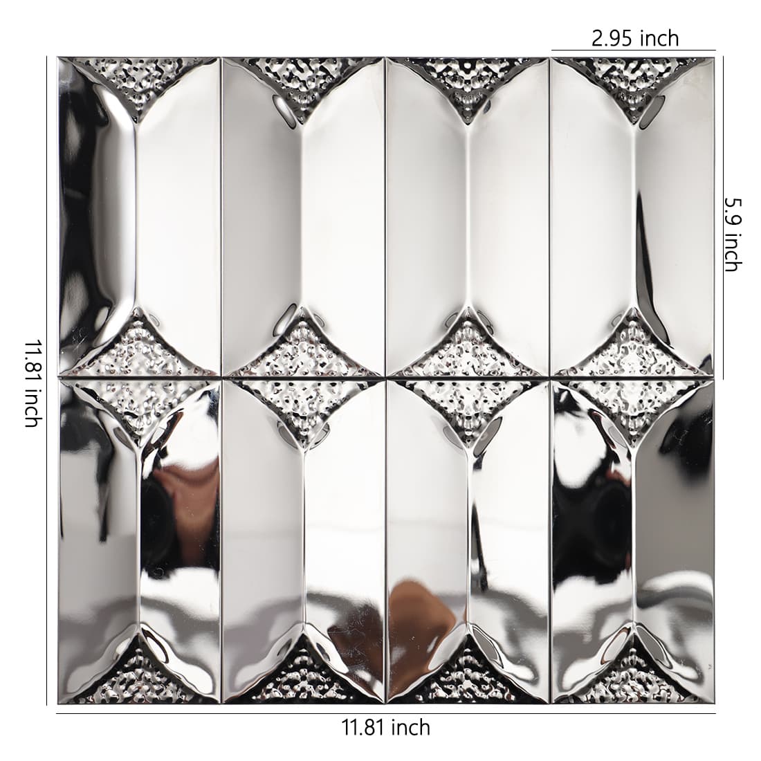 Front view of silver 3D beveled rectangle metal tile with dimensions.