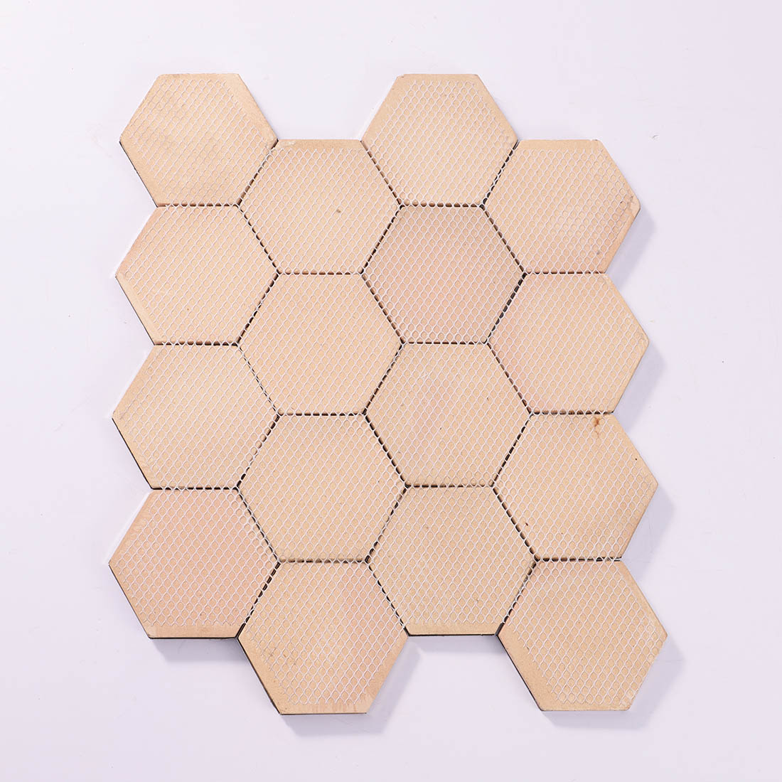 Back view of silver 3D hexagon stainless steel mosaic tile sheet