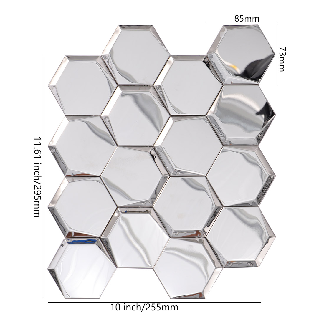 Silver 3D hexagon stainless steel mosaic tile sheet with 85mm tiles